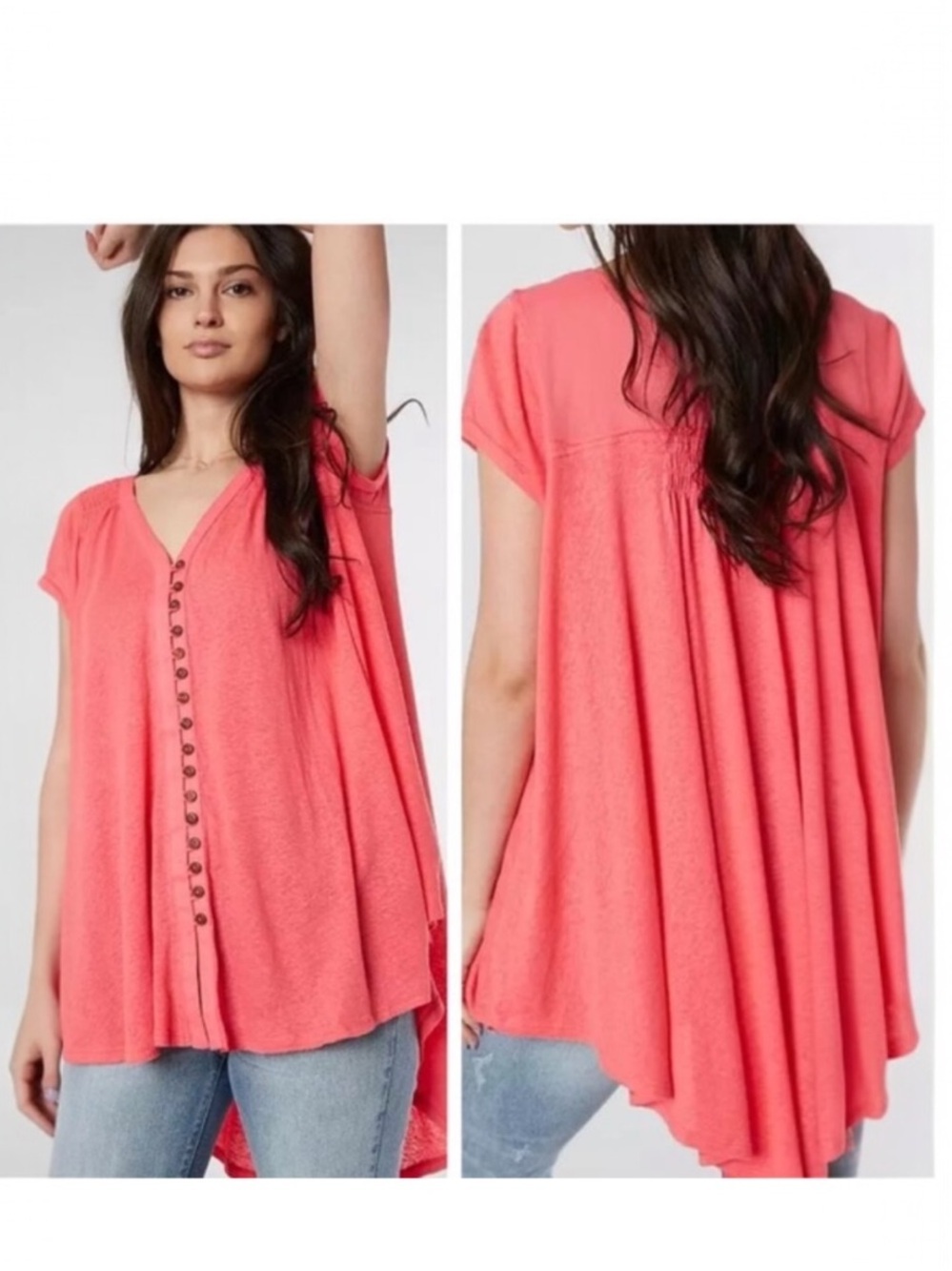 FREE PEOPLE Highland Vneck Linen Boho Oversize Large Festival Short Sleeve Top